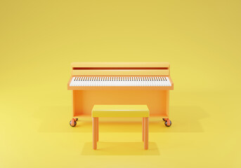 The 3D rendering piano colorful with a yellow chair on the yellow background, Live music play concert concept