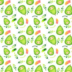 Cute baby avocado pattern. Bright Watercolor Painted, cute children's character avocado, paints, for Children's print, design, fabric, packaging - 418940867
