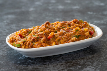 Spicy appetizer. Traditional Turkish and Arabic cuisine meze. Snack meal served alongside the main course. Natural vegetarian food. Local name yandım hacer