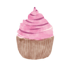 Chocolate muffin with pink frosting and thin wafer tubes. Sweet cupcake