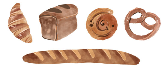 Bread and rolls collection. illustration of bakery products icons