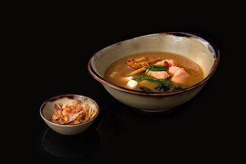 miso soup with tofu and salmon, copy space