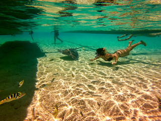 Jeune femme en plongée avec une raie, lagon à Taha'a, Polynésie française