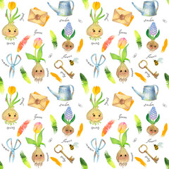 spring pattern. watercolor painted bright seamless pattern with cute characters flowers, tulips, crocuses, muscari vegetables, garden for kids. For printing design on fabric, clothing, packaging