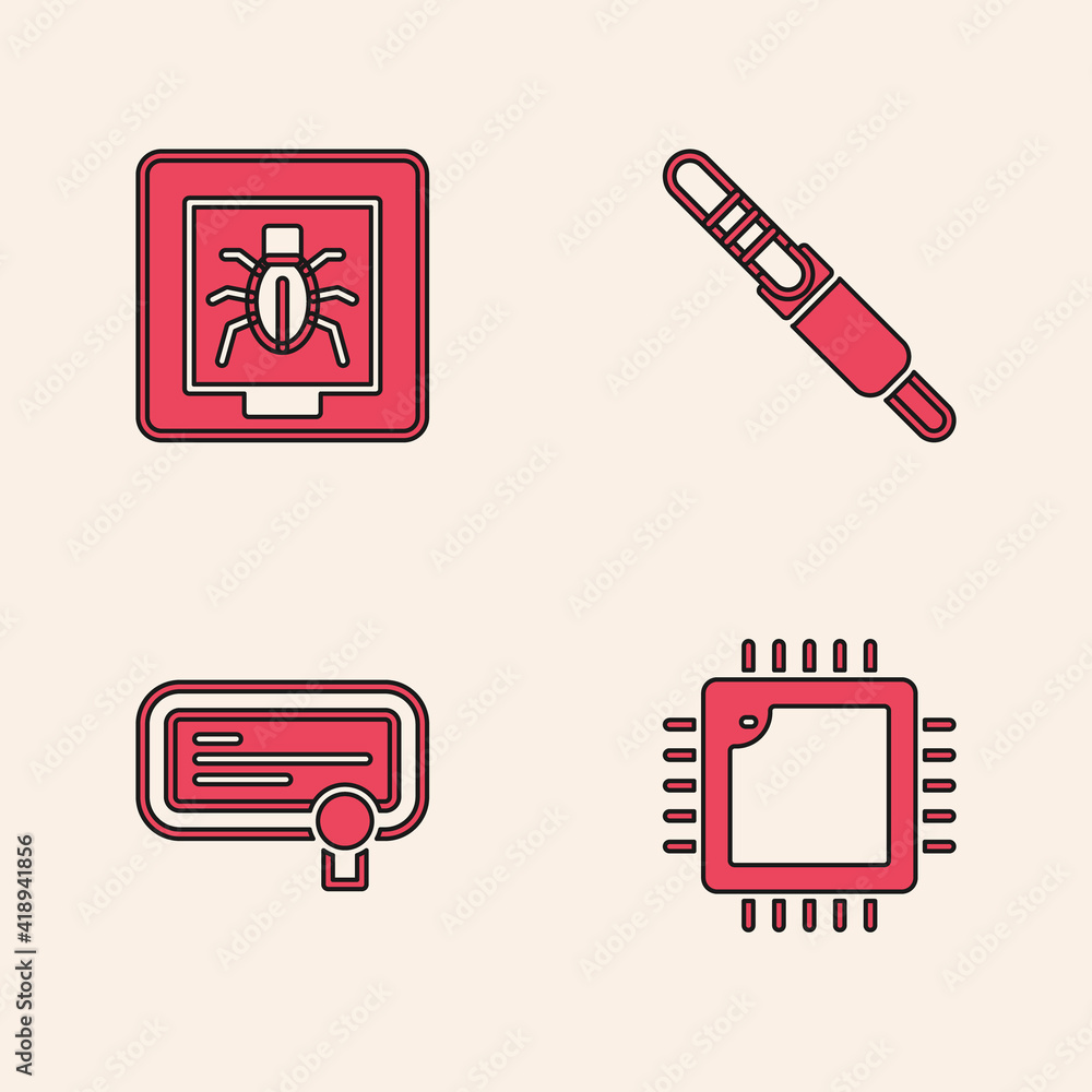Aufkleber set processor with cpu, insects in a frame, audio jack and certificate template icon. vector.