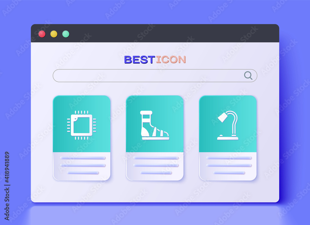 Poster set slippers with socks, processor cpu and table lamp icon. vector.