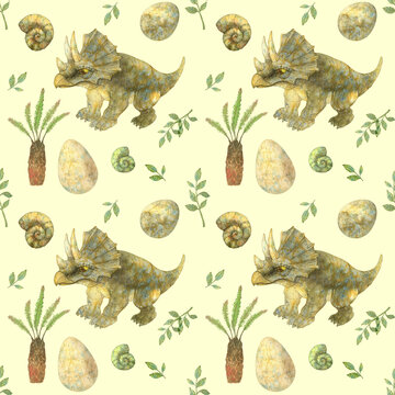 seamless dinosaurs pattern. watercolor painted illustration of dinosaurs, triceratops, pterodactyl, tyrannosaurus rex, ammonites. children's print monsters, jurassic period, for fabric, packaging