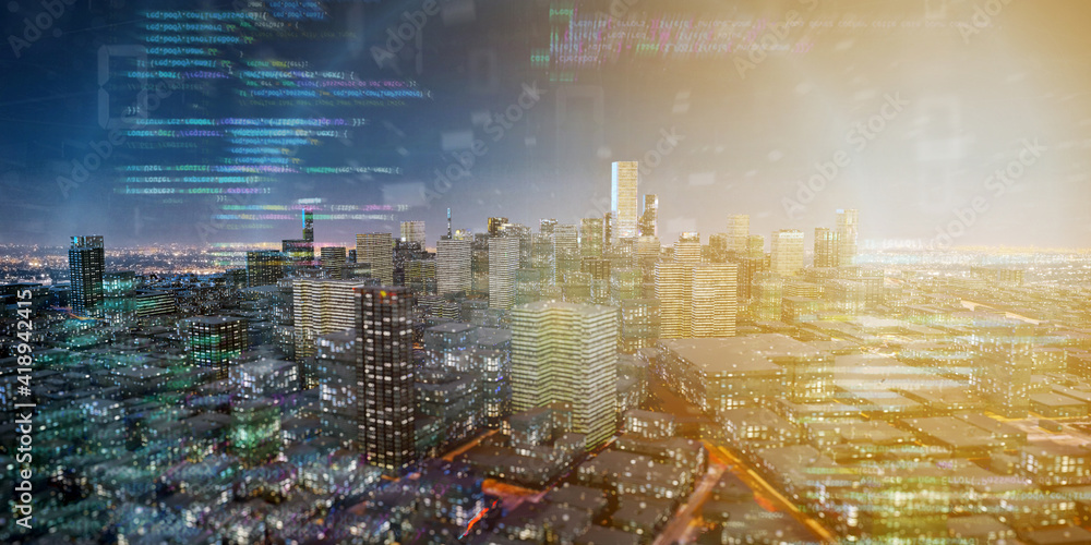 Poster smart city with network and communication connection - 3d rendering