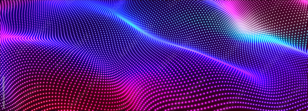 Poster Digital technology background. Dynamic wave of glowing points. Futuristic background for presentation design. 3d
