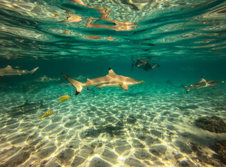 Plongeur au milieu des requins, lagon à Taha'a, Polynésie française