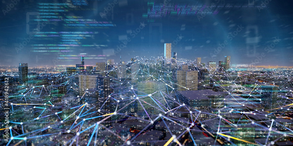 Poster smart city with network and communication connection - 3d rendering
