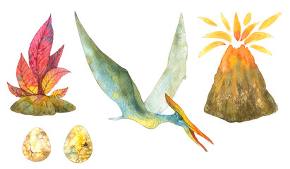Dinosaurs. Watercolor set  illustration drawn isolated on a white background. Triceratops, Tyrannosaurus Rex, Pterodactyl. Ammonites. the prehistoric period.
