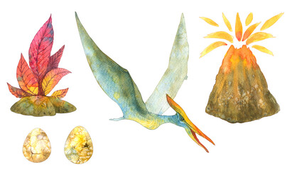 Dinosaurs. Watercolor set  illustration drawn isolated on a white background. Triceratops, Tyrannosaurus Rex, Pterodactyl. Ammonites. the prehistoric period. © guziy
