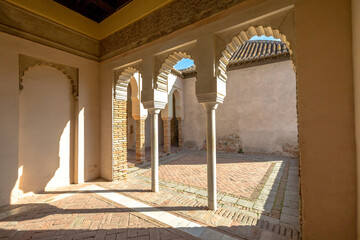 Malaga, Andalucia, Spain - April 16, 2016: inside with portico and columns in Alcazaba. The place...