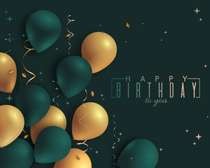 Happy Birthday congratulation card with green and gold balloons