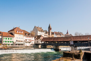 Bremgarten, Altstadt, Reuss, Reussbrücke, Muri-Amthof, Holzbrücke, Altstadthäuser, Reusskraftwerk, Spittelturm, Fluss, Aargau, Frühling, Schweiz