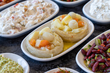Artichoke Salad Appetizer. Healthy food. Traditional Turkish and Arabic cuisine meze. Natural vegetarian food. Bulk appetizer plates Local name enginar salatası
