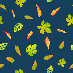 Pattern vector neon tropical leaves of palm, monstera, fern. Orange, purple and green plants on a blue background.
