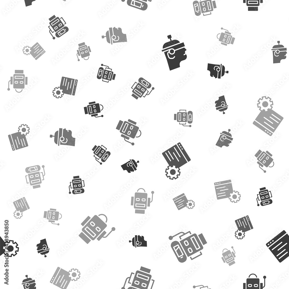 Poster set smart glasses, robot low battery charge, computer api interface and on seamless pattern. vector.