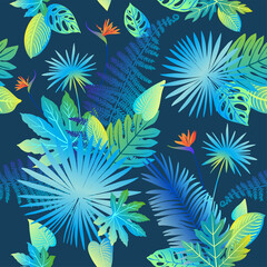 Fototapeta na wymiar Pattern vector neon tropical leaves of palm, monstera, fern. Orange, purple and green plants on a blue background.
