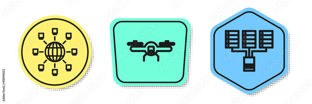Poster set line social network, drone flying and server, data, web hosting. colored shapes. vector.