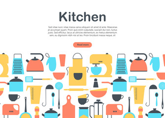 banner, flyer. Kitchen tools . Kitchenware collection. cooking tools, utensils, cutlery isolated on white background. vector illustration