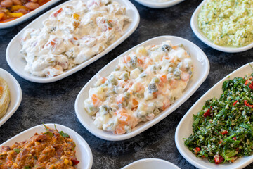 American salad. An aparatif meal prepared with potatoes, peas, pickles, corn and yogurt. Snack meal served alongside the main course. Natural vegetarian food. American salad mezze