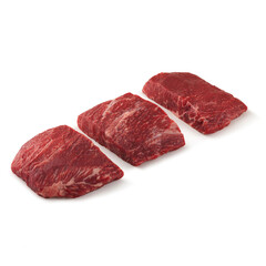 Close-up view of fresh raw Flat Iron Steak Chuck Cut in isolated white background