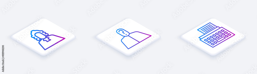 Poster set isometric line judge, anonymous with question mark and retro typewriter. white square button. ve