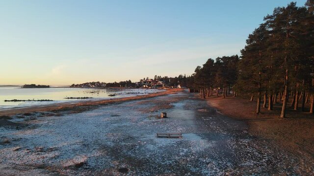 Drone footage of a beach with pine trees an ice covered dunes at sunrise. Southern Norway