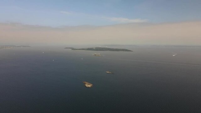A lot of island and sailing boats in Oslofjord in summer. Drone footage