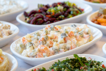 American salad. An aparatif meal prepared with potatoes, peas, pickles, corn and yogurt. Natural vegetarian food. Bulk appetizer plates. American salad mezze