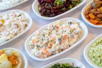 American salad. An aparatif meal prepared with potatoes, peas, pickles, corn and yogurt. Natural vegetarian food. Bulk appetizer plates.American salad mezze
