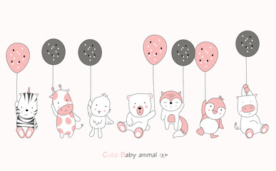 Cartoon character about cute baby animal and balloon on pink background. Hand drawn cartoon style.