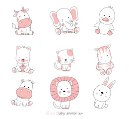 Set cartoon character the lovely baby animals on white background. . Hand drawn style.