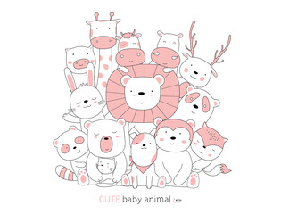 Obraz premium Hand drawn style. Cartoon sketch the cute posture baby animals
