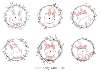 Cartoon sketch the lovely rabbit baby animals and floral frame set circle. Hand drawn style.