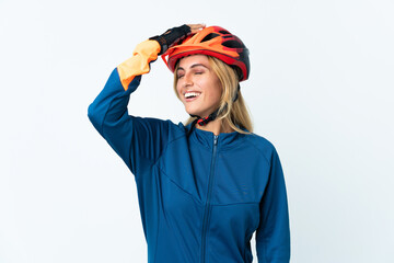 Young blonde Uruguayan cyclist woman isolated on background has realized something and intending the solution