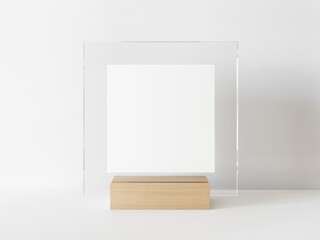Square white menu with transparent frame on a light wood stand. Card display promotion and information for customer, picture stand,sign holder and photo frame template. 3D illustration