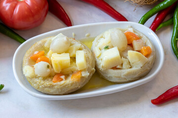 Artichoke Salad Appetizer. Healthy food. Traditional Turkish and Arabic cuisine meze. Snack meal served alongside the main course. Natural vegetarian food. Local name enginar salatası