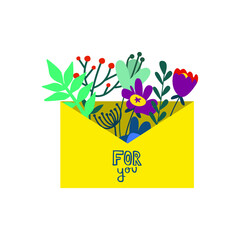 Illustration of flowers in an envelope. Vector design concept for Valentine's Day and other users. on a white background