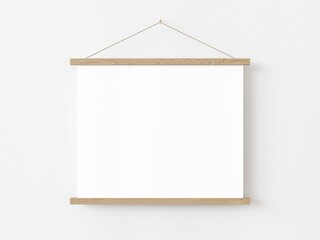 One square roll up poster mockup with light wood border hanging on a white wall in empty room. Isolated roll up poster mockup template on white background. 3D illustration