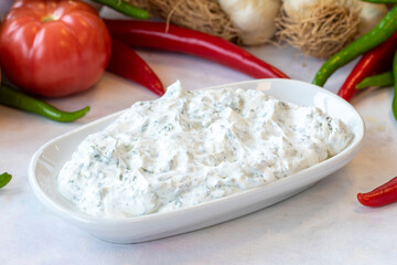 Haydari appetizer. Traditional Turkish and Arabic cuisine meze. Snack meal served alongside the main course. Natural vegetarian food. Local name Haydari mezesi