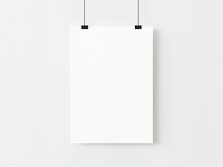 One blank vertical rectangle poster template hanging on thread with paper clips on white background. 3D illustration