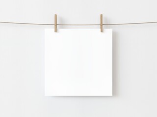One blank square note paper card hanging with wooden clip or clothespin on rope string peg isolated on white backgroun. 3D illustration