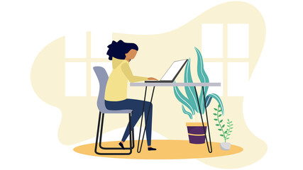 An university woman study from home through online application in minimal vector design. Work from home-online video conference study due to the covid19 outbreak