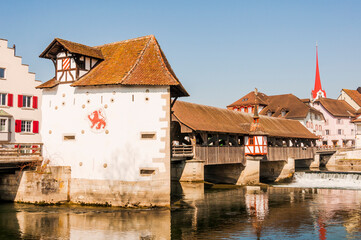 Bremgarten, Altstadt, Bollhaus, Reussbrücke, Reuss, Holzbrücke,  Fluss, Altstadthäuser,...