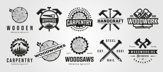set of vector carpentry woodwork vintage logo craftsman symbol illustration design
