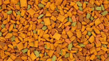 Dry cat food, Pattern of granular feed for pet, Texture background, Top view