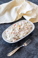 Panco appetizer prepared with potatoes, yogurt and peppers. Traditional Turkish and Arabic cuisine meze. Snack meal served alongside the main course. Natural vegetarian food. Local name Panco mezze